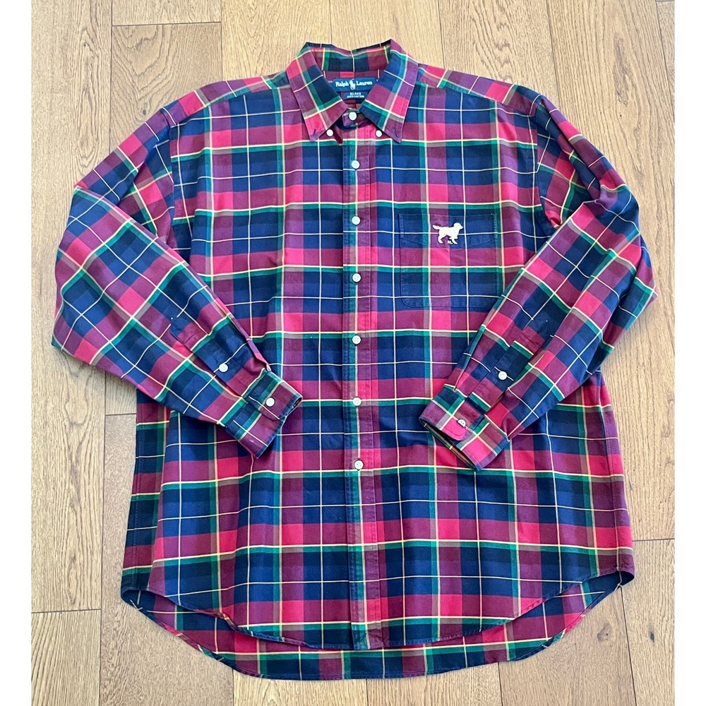 Ralph Lauren Blake Mens XL Plaid Button Down Shirt Golden Retriever Dog Logo Red